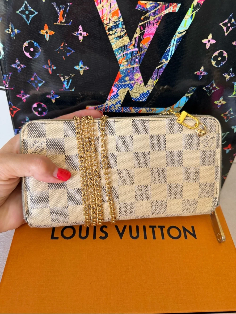 Louis Vuitton Authentic Damier Azur Zippy Long Wallet Purse with Chain